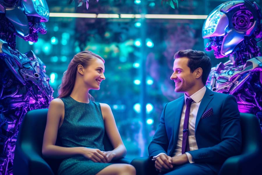 Frau und Mann als Business Berater lächelnd mit KI Robotern im Hintergrund