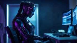 Roboter Frau arbeitet in einem Büro KI im Unternehmen