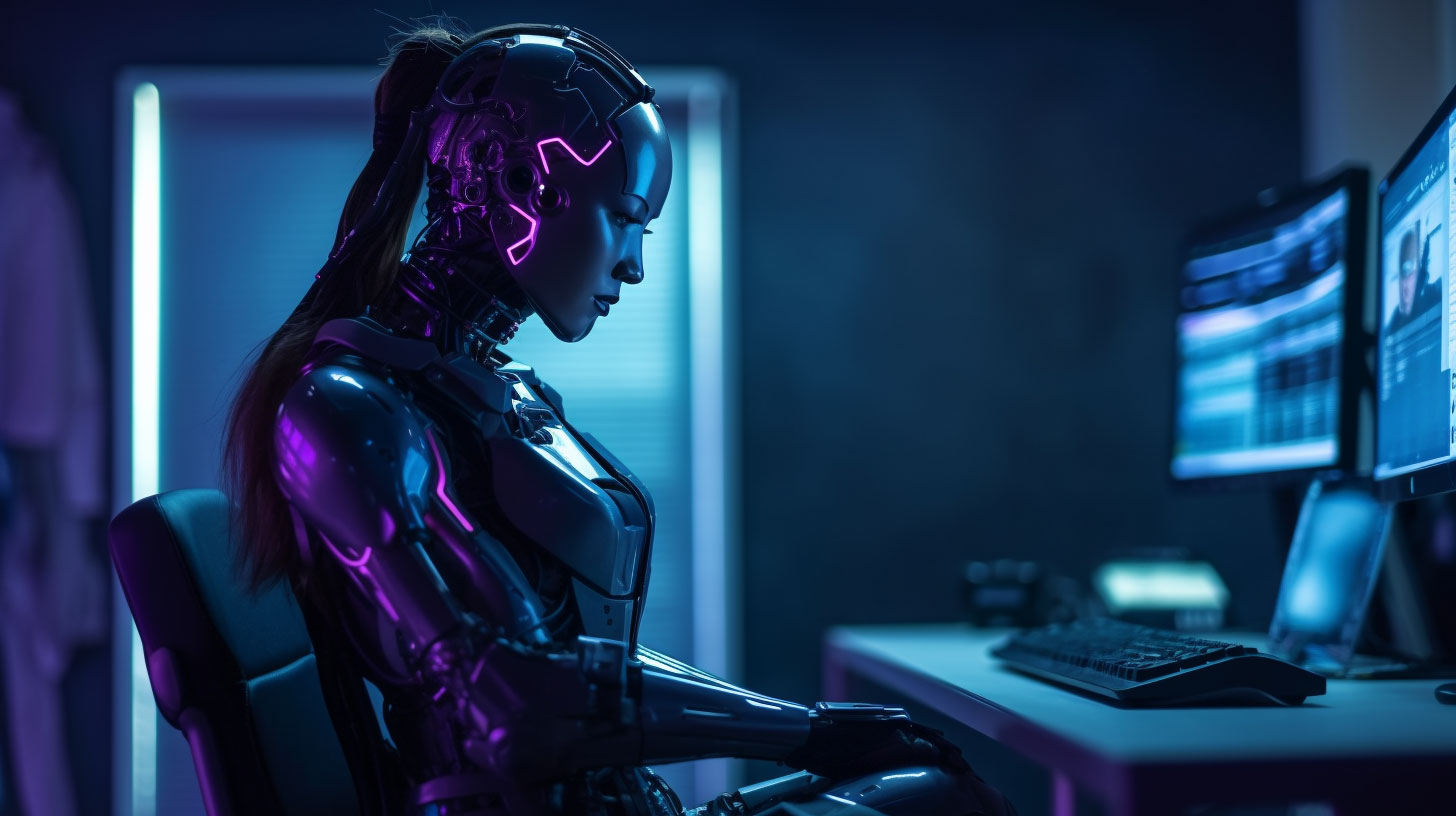Roboter Frau arbeitet in einem Büro